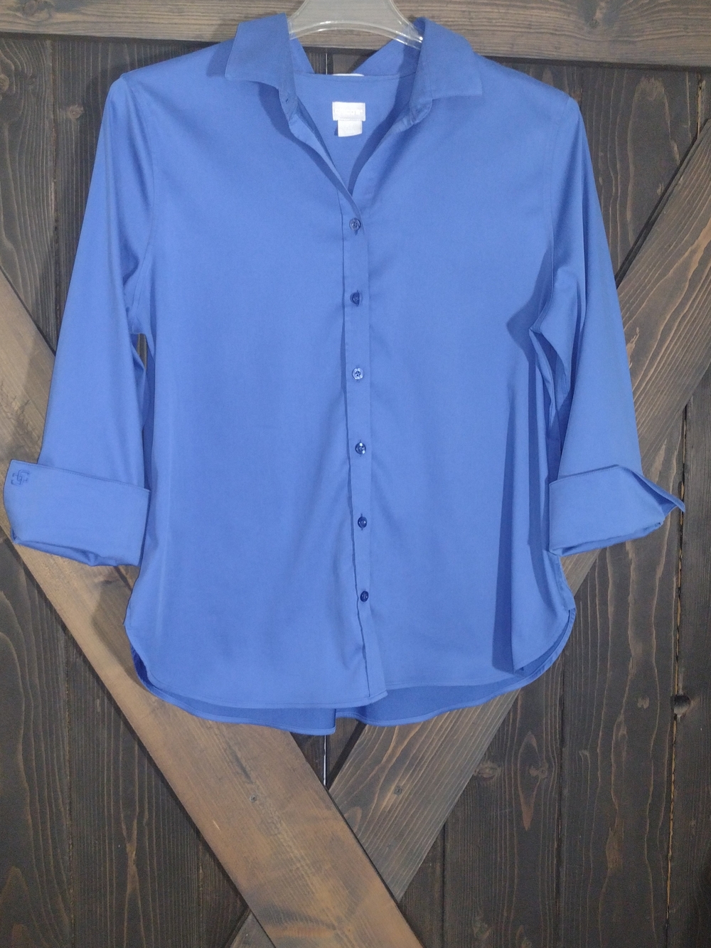Chico's Blue No Iron Chic Stretch 3/4 Sleeve Button Up Women's Shirt Sz 2.5 US14